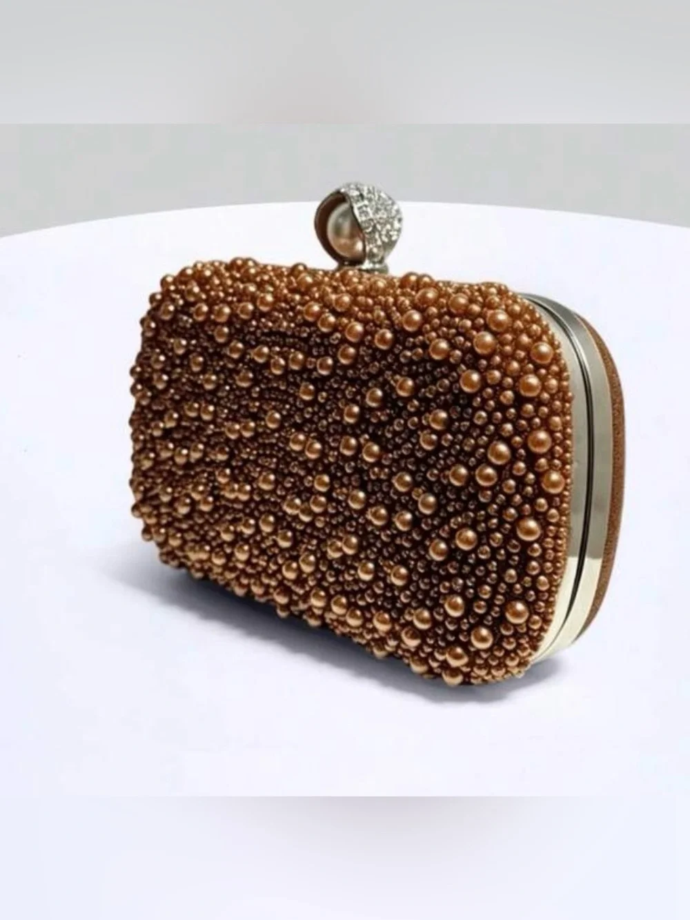 Pearl & Crystal Embellished Clutch - Brown